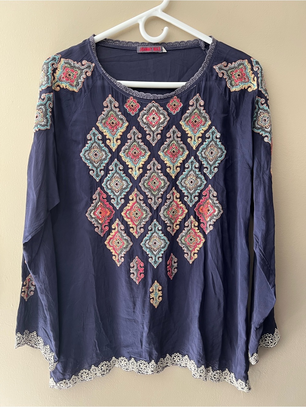 Johnny Was sz Small Kikumi 💯 rayon blouse, geometric embroidery. Luxury Boho